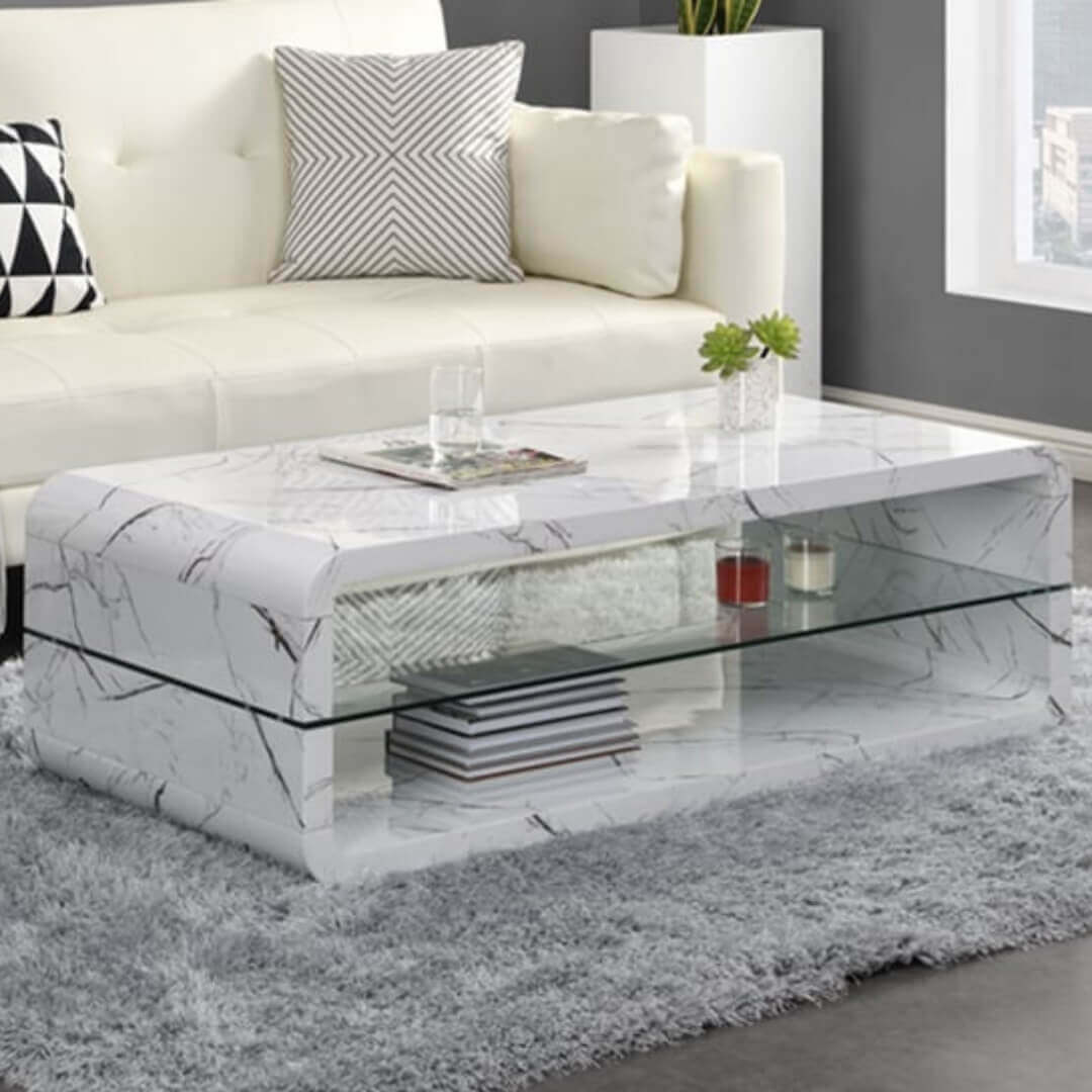Xono High Gloss Coffee Table with Shelf in Magnesia Marble Effect