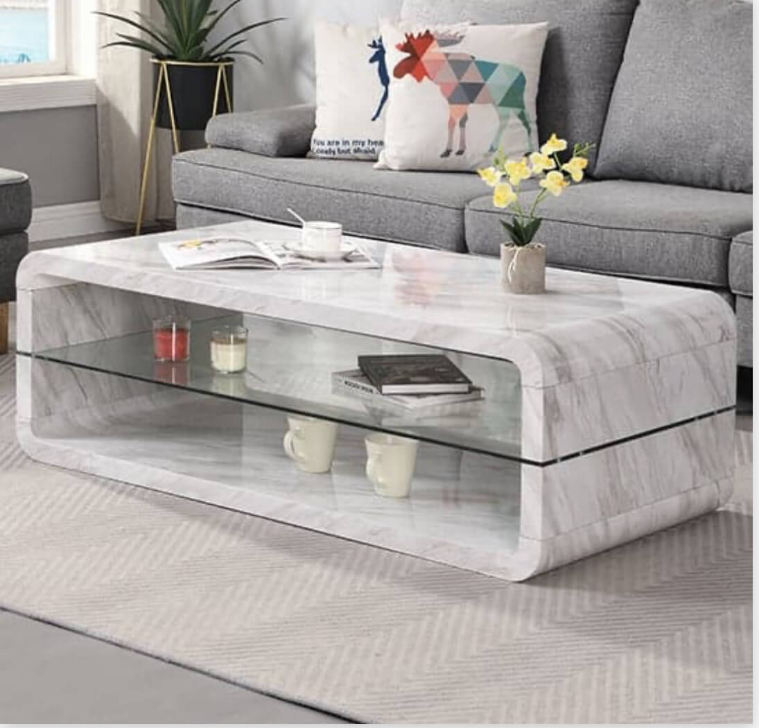Xono High Gloss Coffee Table with Shelf in Magnesia Marble Effect